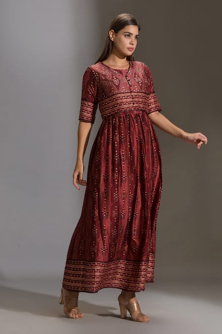 Soup By Sougat Paul_Maroon Malaysian Silk Round Printed Dress With Jacket _Online_at_Aza_Fashions