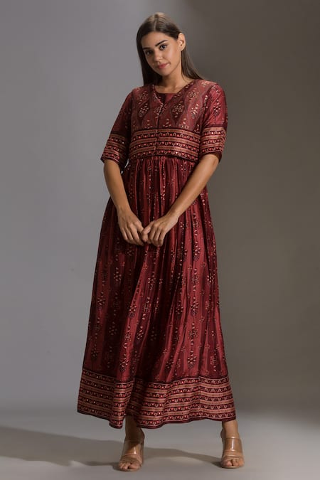 Buy_Soup By Sougat Paul_Maroon Malaysian Silk Round Printed Dress With Jacket _Online_at_Aza_Fashions