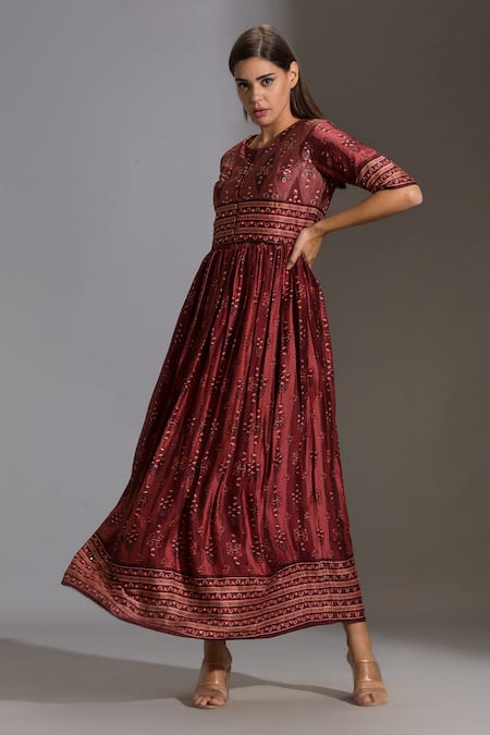 Shop_Soup By Sougat Paul_Maroon Malaysian Silk Round Printed Dress With Jacket _Online_at_Aza_Fashions