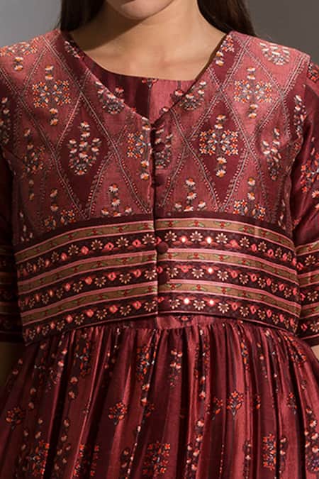Soup By Sougat Paul_Maroon Malaysian Silk Round Printed Dress With Jacket _at_Aza_Fashions