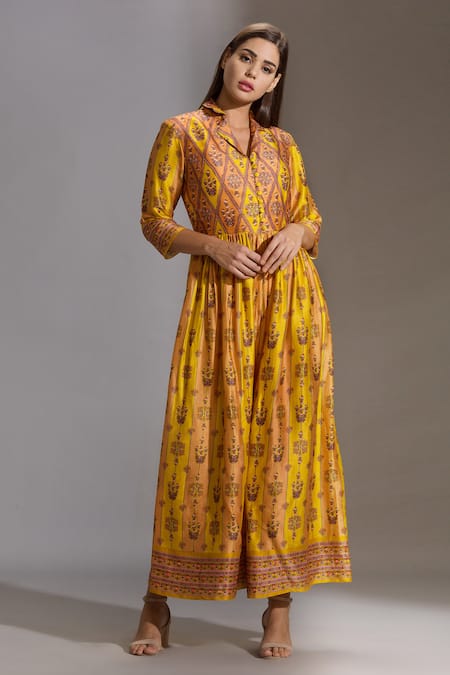 Buy_Soup By Sougat Paul_Yellow Malaysian Silk Notched Collar Printed Jumpsuit _Online_at_Aza_Fashions