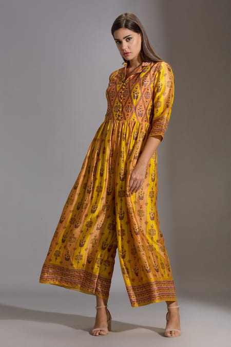 Shop_Soup By Sougat Paul_Yellow Malaysian Silk Notched Collar Printed Jumpsuit _Online_at_Aza_Fashions