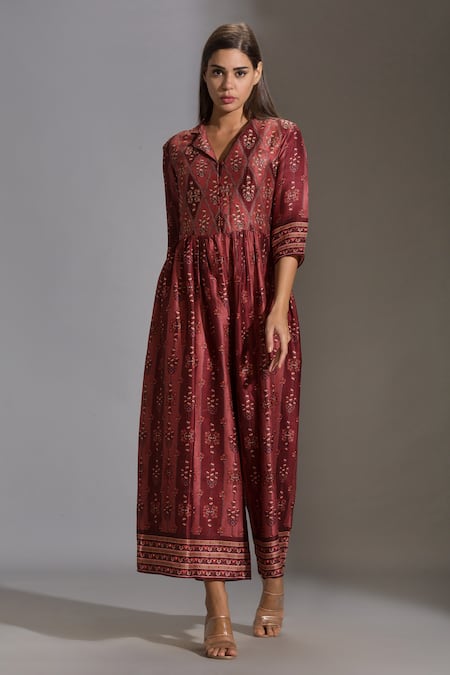 Buy_Soup By Sougat Paul_Maroon Malaysian Silk Notched Collar Printed Jumpsuit _Online_at_Aza_Fashions