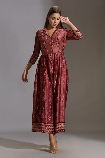 Shop_Soup By Sougat Paul_Maroon Malaysian Silk Notched Collar Printed Jumpsuit _Online_at_Aza_Fashions