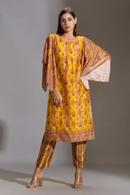 Shop_Soup By Sougat Paul_Yellow Malaysian Silk Round Embroidered Kurta And Pant Set _Online_at_Aza_Fashions