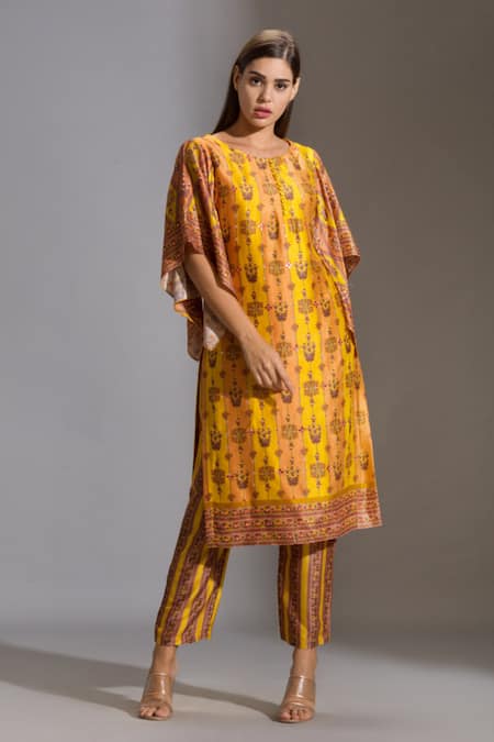 Buy_Soup By Sougat Paul_Yellow Malaysian Silk Round Embroidered Kurta And Pant Set _Online_at_Aza_Fashions