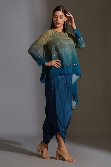 Soup By Sougat Paul_Blue Crepe, Twill Round Asymmetric Kurta And Dhoti Pant Set _Online_at_Aza_Fashions