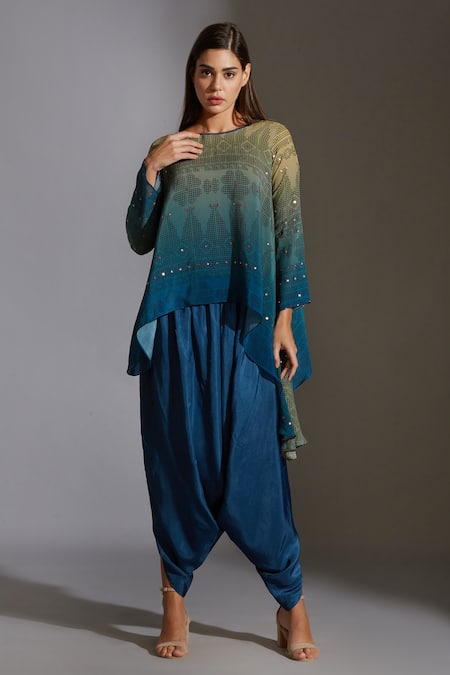 Buy_Soup By Sougat Paul_Blue Crepe, Twill Round Asymmetric Kurta And Dhoti Pant Set _Online_at_Aza_Fashions