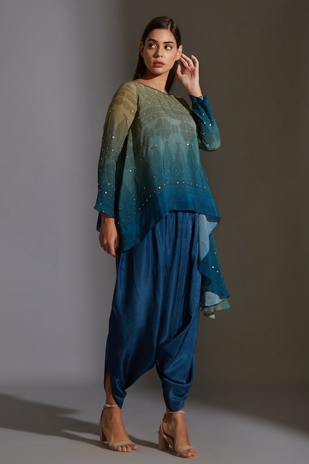 Shop_Soup By Sougat Paul_Blue Crepe, Twill Round Asymmetric Kurta And Dhoti Pant Set _Online_at_Aza_Fashions