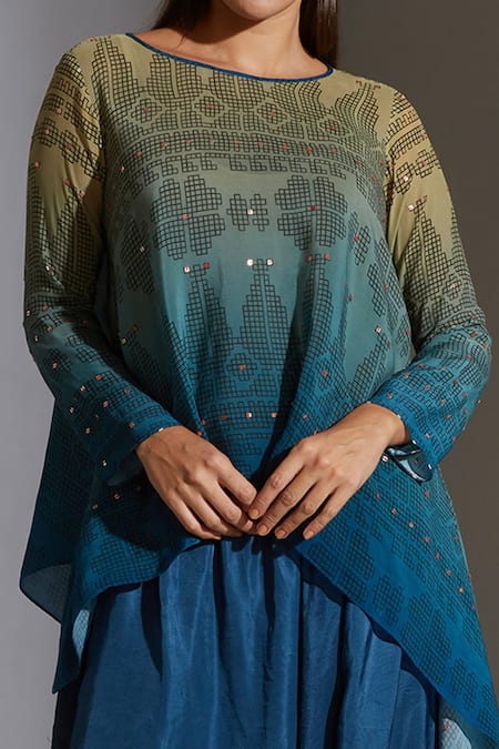 Soup By Sougat Paul_Blue Crepe, Twill Round Asymmetric Kurta And Dhoti Pant Set _at_Aza_Fashions