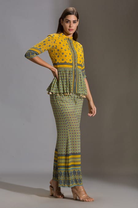 Soup By Sougat Paul_Yellow Crepe Mandarin Collar Printed Top And Palazzo Set _Online_at_Aza_Fashions