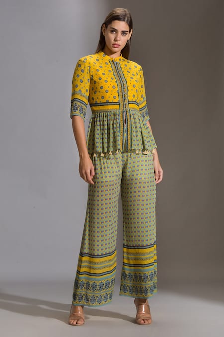 Buy_Soup By Sougat Paul_Yellow Crepe Mandarin Collar Printed Top And Palazzo Set _Online_at_Aza_Fashions
