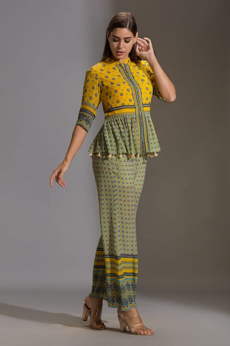 Shop_Soup By Sougat Paul_Yellow Crepe Mandarin Collar Printed Top And Palazzo Set _Online_at_Aza_Fashions