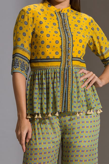 Soup By Sougat Paul_Yellow Crepe Mandarin Collar Printed Top And Palazzo Set _at_Aza_Fashions