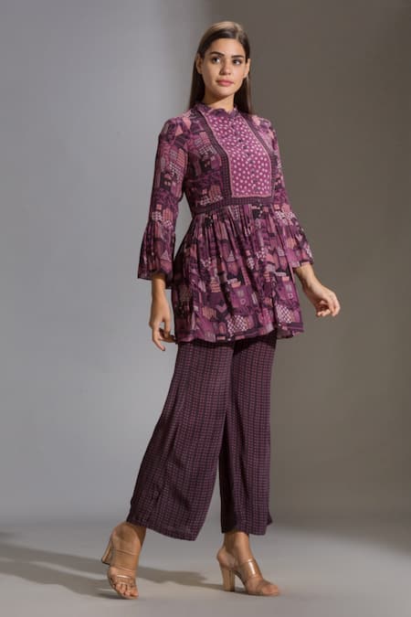 Soup By Sougat Paul_Purple Crepe Mandarin Collar Printed Top And Palazzo Set _Online_at_Aza_Fashions