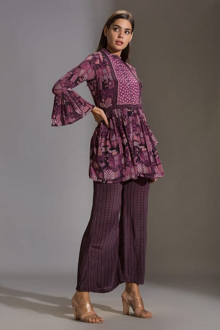 Shop_Soup By Sougat Paul_Purple Crepe Mandarin Collar Printed Top And Palazzo Set _Online_at_Aza_Fashions