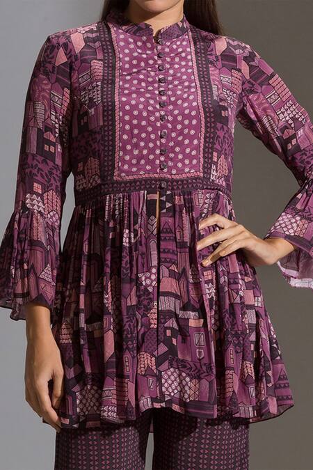 Soup By Sougat Paul_Purple Crepe Mandarin Collar Printed Top And Palazzo Set _at_Aza_Fashions