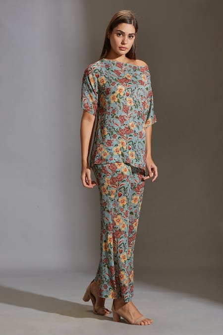 Soup By Sougat Paul_Blue Sequins Fabric Asymmetric Embroidered Top And Pant Set _Online_at_Aza_Fashions