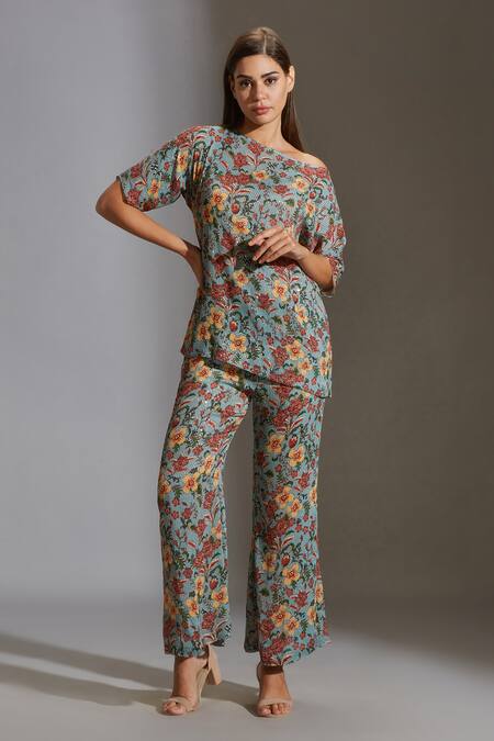 Buy_Soup By Sougat Paul_Blue Sequins Fabric Asymmetric Embroidered Top And Pant Set _Online_at_Aza_Fashions