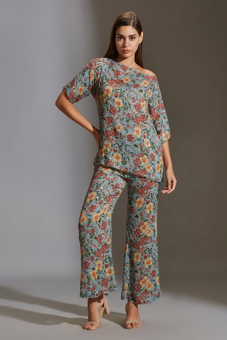 Shop_Soup By Sougat Paul_Blue Sequins Fabric Asymmetric Embroidered Top And Pant Set _Online_at_Aza_Fashions