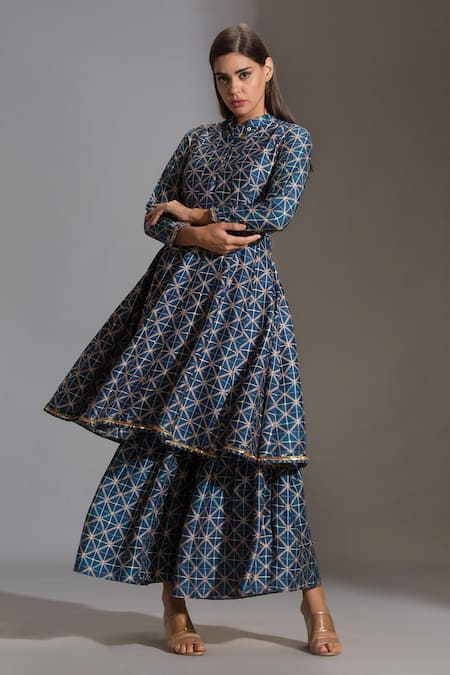 Shop_Soup By Sougat Paul_Blue Organza, Malaysian Silk Mandarin Collar Printed Anarkali Set _Online_at_Aza_Fashions