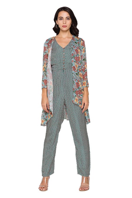 Soup By Sougat Paul_Green Twill, Sequin Fabric V Neck Printed Jumpsuit With Jacket _Online_at_Aza_Fashions