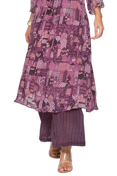 Soup By Sougat Paul_Purple Crepe Band Collar Printed Kurta And Pant Set _at_Aza_Fashions