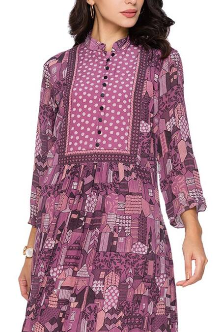 Shop_Soup By Sougat Paul_Purple Crepe Band Collar Printed Kurta And Pant Set _Online_at_Aza_Fashions