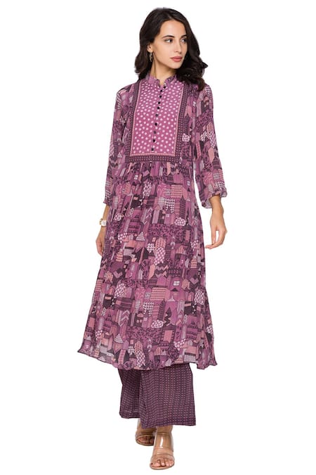 Soup By Sougat Paul Purple Crepe Band Collar Printed Kurta And Pant Set 