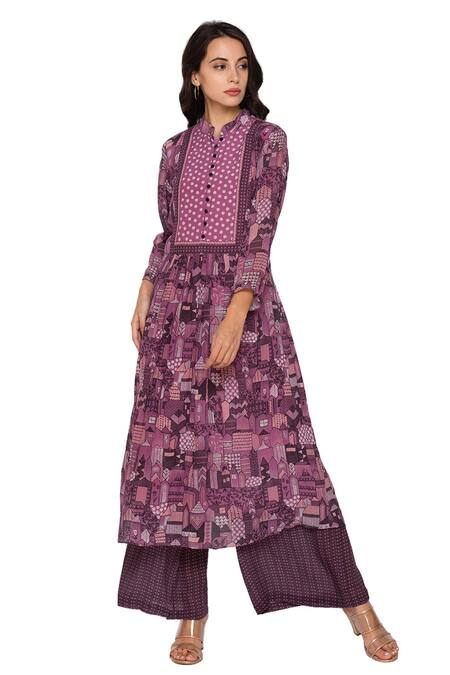 Soup By Sougat Paul_Purple Crepe Band Collar Printed Kurta And Pant Set _Online_at_Aza_Fashions