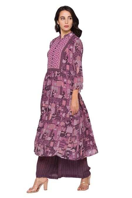 Buy_Soup By Sougat Paul_Purple Crepe Band Collar Printed Kurta And Pant Set _Online_at_Aza_Fashions