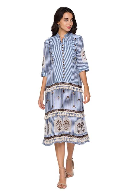Shop_Soup By Sougat Paul_Blue Slub Georgette Band Collar Tassel Striped Dress _Online_at_Aza_Fashions