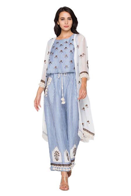 Buy_Soup By Sougat Paul_Blue Organza, Slub Georgette Round Jacket And Pant Set _Online_at_Aza_Fashions