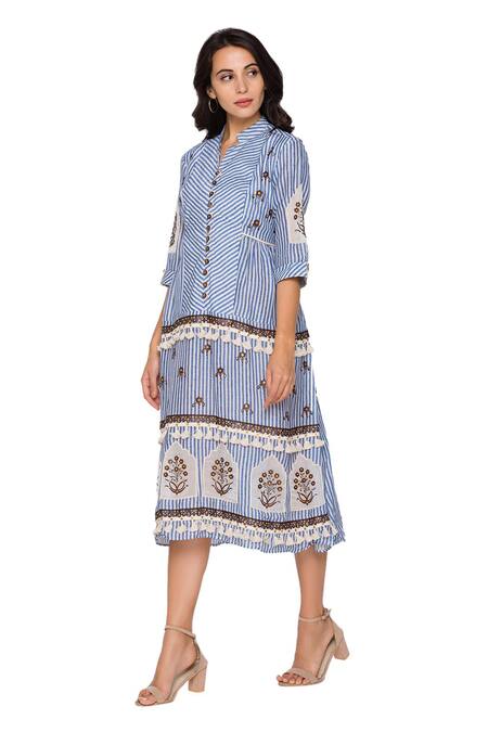 Buy_Soup By Sougat Paul_Blue Slub Georgette Band Collar Tassel Striped Dress _Online_at_Aza_Fashions
