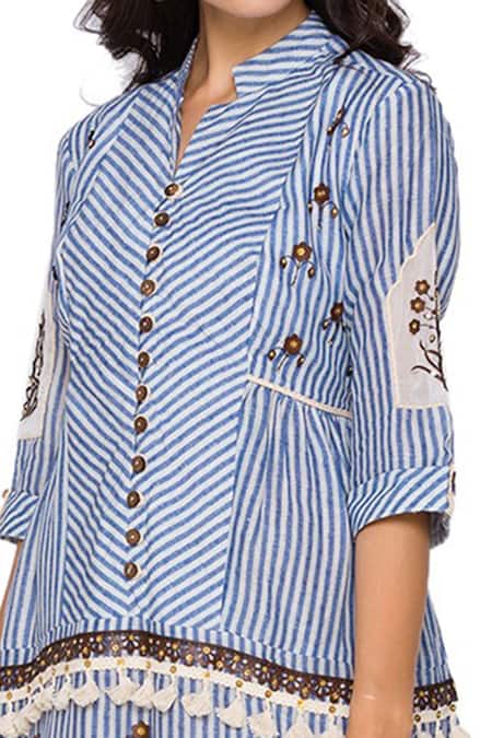 Soup By Sougat Paul_Blue Slub Georgette Band Collar Tassel Striped Dress _at_Aza_Fashions