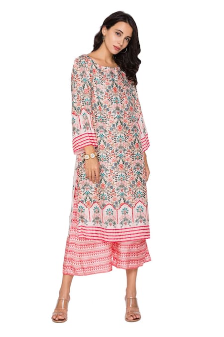 Soup By Sougat Paul_Pink Malaysian Silk Round Printed Kurta And Pant Set _Online_at_Aza_Fashions