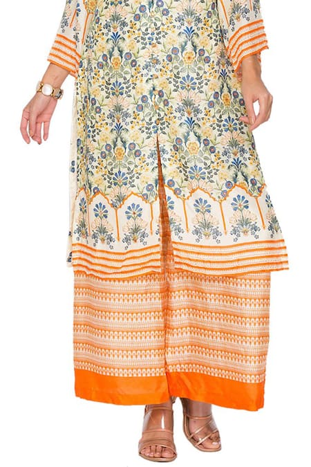 Soup By Sougat Paul_Yellow Malaysian Silk Band Collar Printed Kurta And Pant Set _at_Aza_Fashions