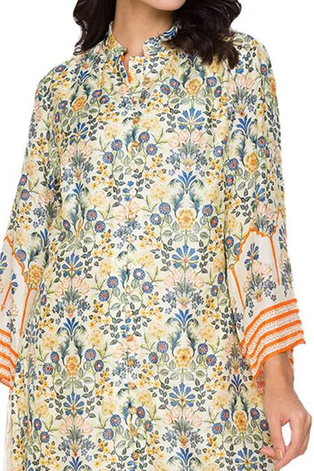 Shop_Soup By Sougat Paul_Yellow Malaysian Silk Band Collar Printed Kurta And Pant Set _Online_at_Aza_Fashions