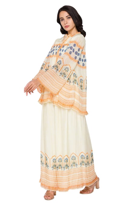 Buy_Soup By Sougat Paul_Yellow Chiffon Band Collar Printed Shirt And Pant Set _Online_at_Aza_Fashions