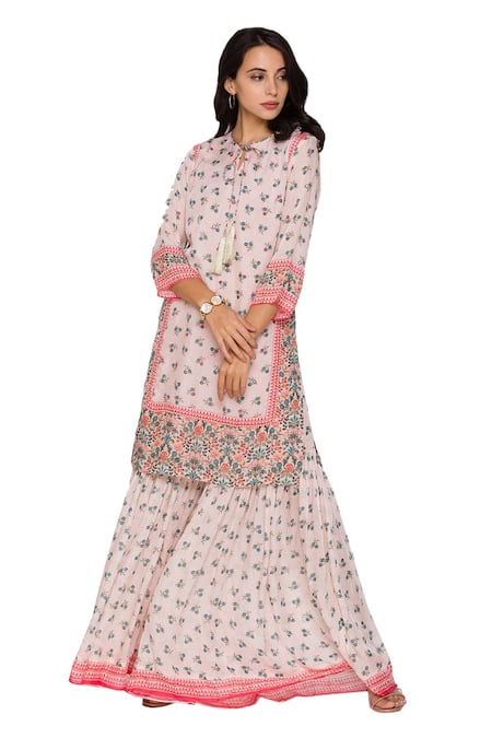Buy_Soup By Sougat Paul_Pink Chiffon Round Printed Kurta And Sharara Set _Online_at_Aza_Fashions