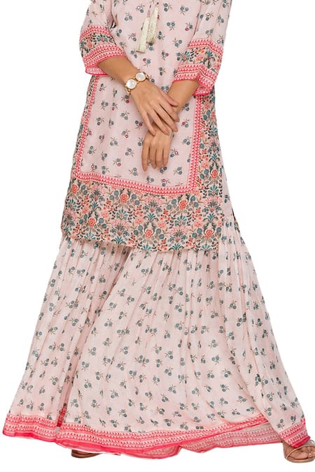 Shop_Soup By Sougat Paul_Pink Chiffon Round Printed Kurta And Sharara Set _Online_at_Aza_Fashions