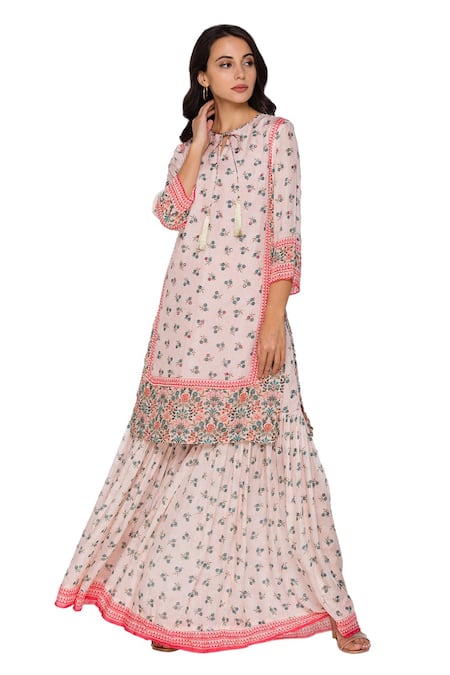 Soup By Sougat Paul Pink Chiffon Round Printed Kurta And Sharara Set 