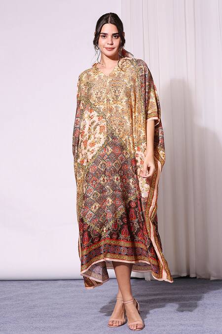 Soup By Sougat Paul_Beige Malaysian Silk V Neck Printed Kaftan _Online_at_Aza_Fashions