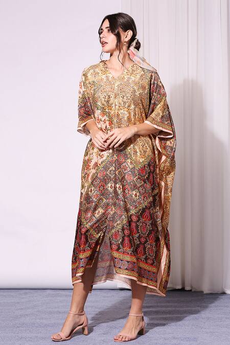 Buy_Soup By Sougat Paul_Beige Malaysian Silk V Neck Printed Kaftan _Online_at_Aza_Fashions