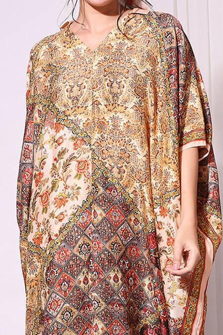 Shop_Soup By Sougat Paul_Beige Malaysian Silk V Neck Printed Kaftan _Online_at_Aza_Fashions