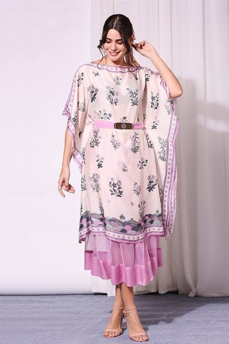 Soup By Sougat Paul_Purple Net, Cotton Silk Round Printed Kaftan And Skirt Set _Online_at_Aza_Fashions