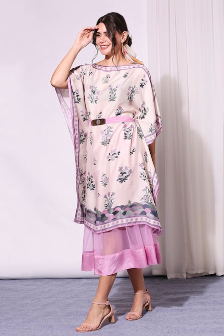 Buy_Soup By Sougat Paul_Purple Net, Cotton Silk Round Printed Kaftan And Skirt Set _Online_at_Aza_Fashions