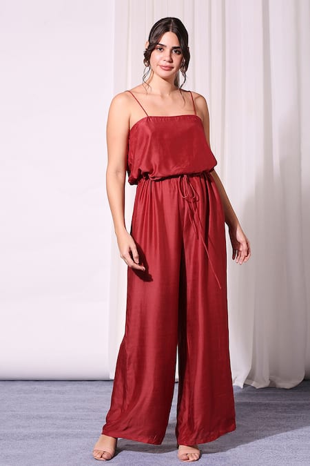 Soup By Sougat Paul_Red Cotton Silk Square Neck Printed Kaftan With Jumpsuit _Online_at_Aza_Fashions