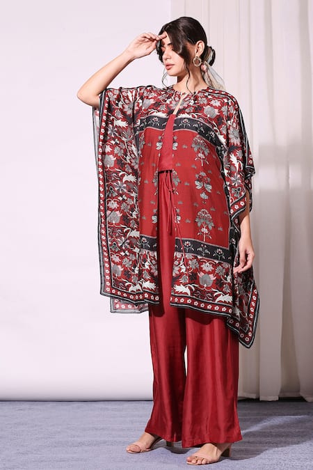 Buy_Soup By Sougat Paul_Red Cotton Silk Square Neck Printed Kaftan With Jumpsuit _Online_at_Aza_Fashions