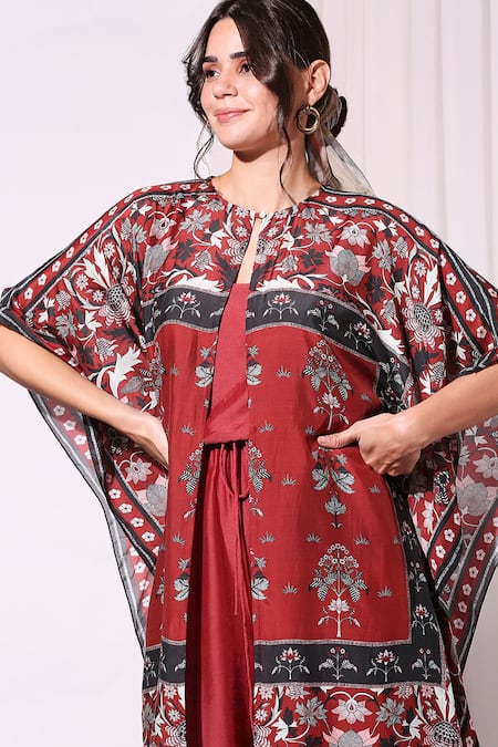 Soup By Sougat Paul_Red Cotton Silk Square Neck Printed Kaftan With Jumpsuit _at_Aza_Fashions